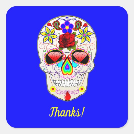 Sticker Carré Crâne avec Rose et napperons sur bleu (Devant)