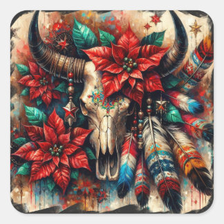 Sticker Carré Crâne de la vache de Noël Poinsettias plumes