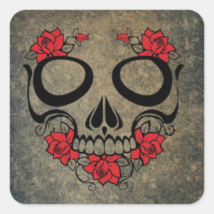 Sticker Carré Crâne de rose rouge