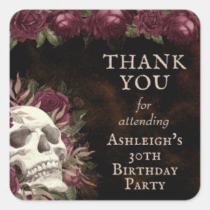 Sticker Carré Crâne de roses gothiques pour anniversaire MERCI