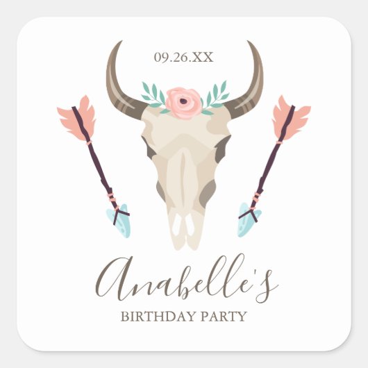 Sticker Carré Crâne de vache de Boho cool (Devant)