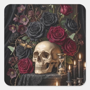 Sticker Carré Crâne gothique Roses noires Halloween victorien so