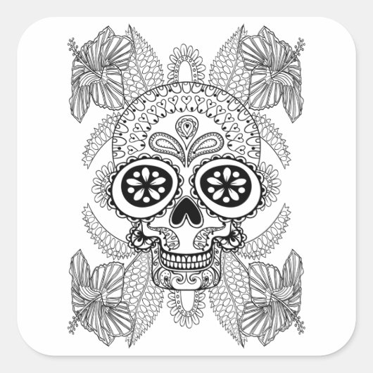 Sticker Carré Crâne inspiré dans les fleurs (Devant)