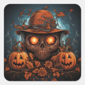 Sticker Carré Crâne, Jack-O-Lanterns et Fleurs (Devant)