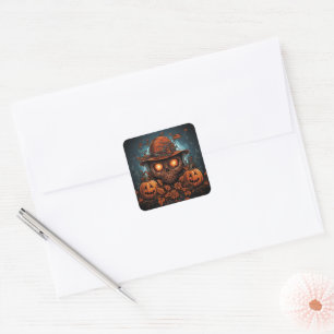 Sticker Carré Crâne, Jack-O-Lanterns et Fleurs 