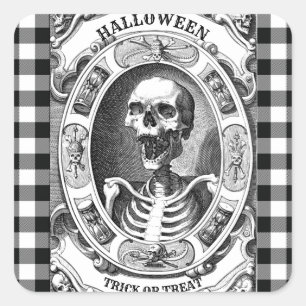 Sticker Carré Crâne noir et blanc Squelette Halloween effrayant
