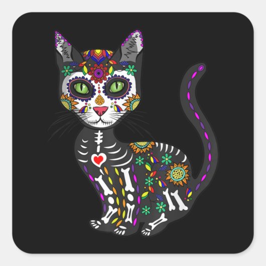 Sticker Carré Crâne sucre Chat mexicain Halloween Jour De La Mor (Devant)