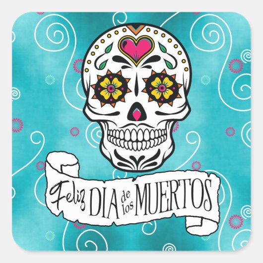 Sticker Carré Crânes à sucre et torons Turquoise ID725 (Devant)