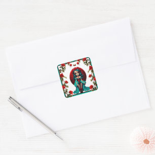 Sticker Carré Crânes de sucre avec roses sarcelles et rouges