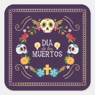 Sticker Carré Crânes florales colorées Dia de Muertos   Autocoll