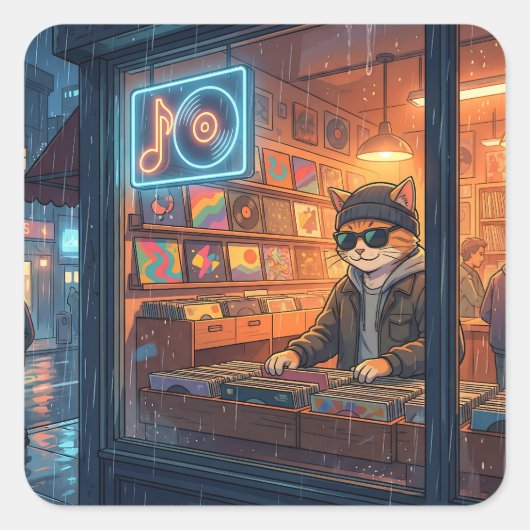 Sticker Carré Crate Digging at the Vinyl Store (Devant)