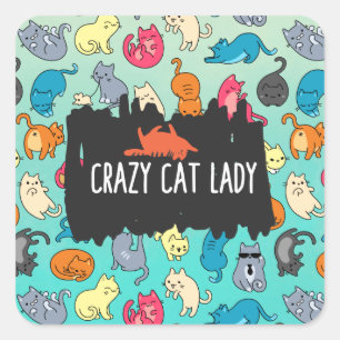Sticker Carré Crazy Cat Lady Cute et Playay Cat Motif