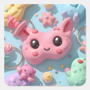 Sticker Carré Créatures de fantaisie pastel Kawaii Art
