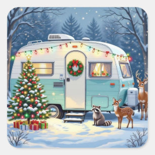 Sticker Carré Créatures fantaisistes de la forêt et camping-car