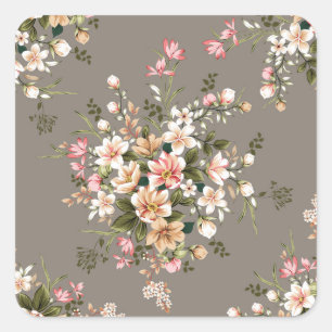 Sticker Carré Crème, fleurs roses sur gris.