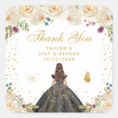 Sticker Carré Crème Florale Brunette Cheveux Princesse Anniversa (Devant)