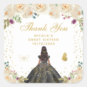 Sticker Carré Crème Florale Peau Sombre Princesse Sweet Seize An