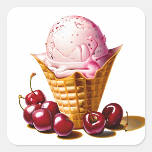 Sticker Carré Crème glacée fraise en cône avec cerises