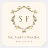 Sticker Carré Crème Gold Crest Monogramme Mariage Faveur (Devant)