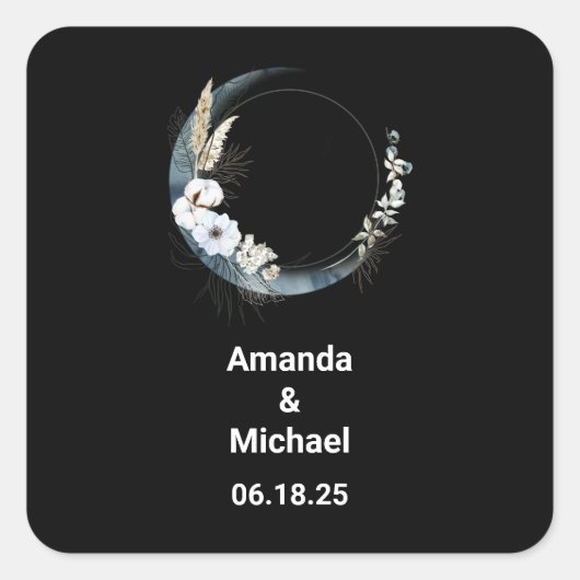 Sticker Carré Crescent Bleu Lune avec Mariage Fleurs Blanches (Devant)