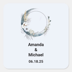Sticker Carré Crescent Bleu Lune avec Mariage Fleurs Blanches
