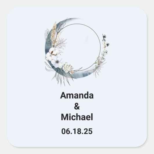 Sticker Carré Crescent Bleu Lune avec Mariage Fleurs Blanches (Devant)