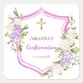 Sticker Carré Crest de confirmation fleurs violettes roses (Devant)