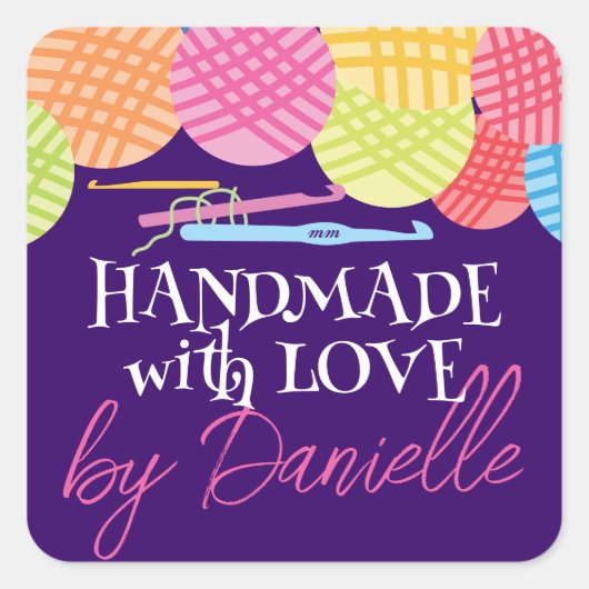 Sticker Carré Crochet crochets fils boules fait main avec amour (Devant)