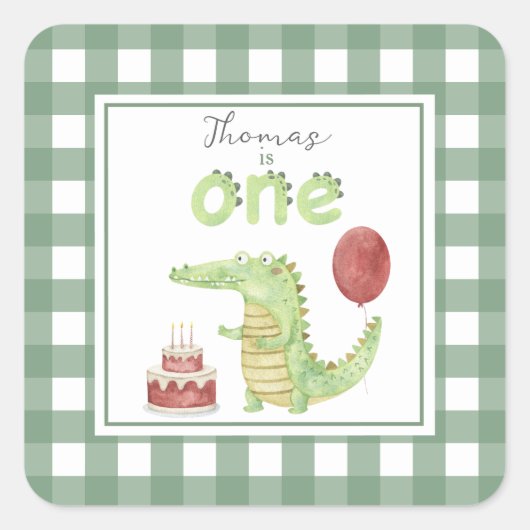 Sticker Carré Crocodile d'aquarelle 1er anniversaire (Devant)