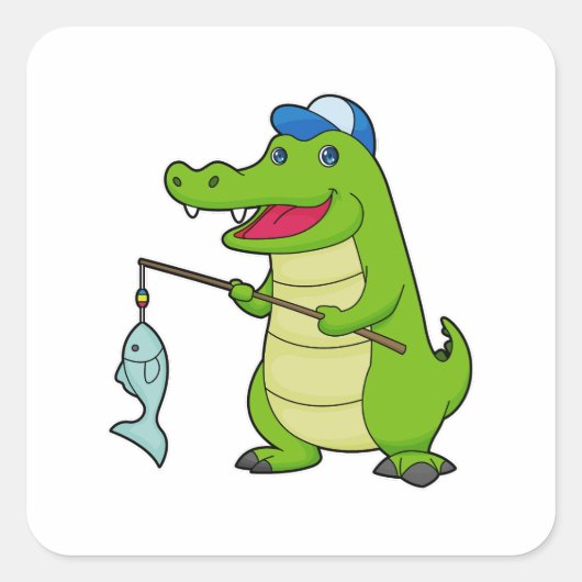 Sticker Carré Crocodile Pêche Pêcheur Pêcheur canne à pêche (Devant)