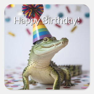Sticker Carré Crocodile portant un chapeau de fête d'anniversair