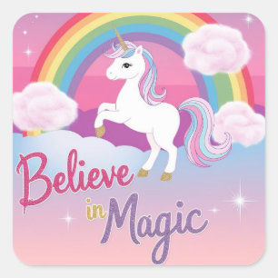 Sticker Carré Croire à la magie avec licorne et arc-en-ciel
