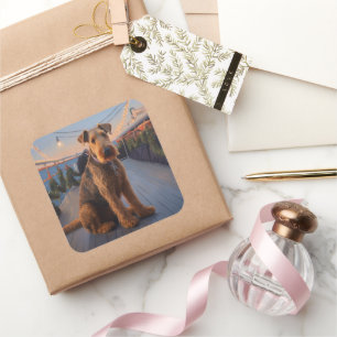 Sticker Carré Croisière de Noël Airedale : Un délice de vacances