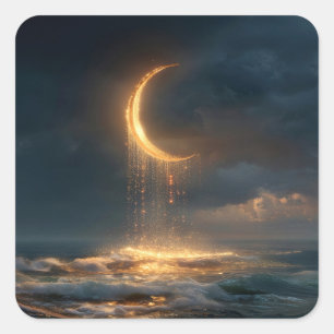 Sticker Carré Croissant de Lune Doré Surréaliste Au-Dessus de l'