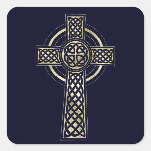 Sticker Carré Croix celtique dorée sur fond bleu marine profond