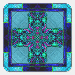 Sticker Carré Croix celtique en verre coloré bleu et aqua