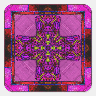 Sticker Carré Croix celtique en verre coloré rose et violet