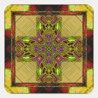 Sticker Carré Croix celtique en verre coloré rouge et or 