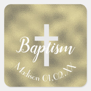 Sticker Carré Croix de baptême en faux or minimaliste au nom de