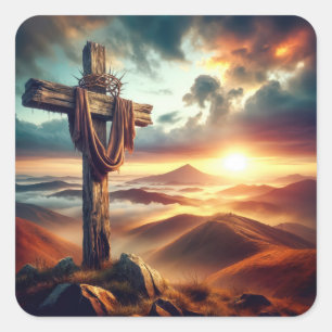 Sticker Carré Croix de Pâques avec Couronne d'épines