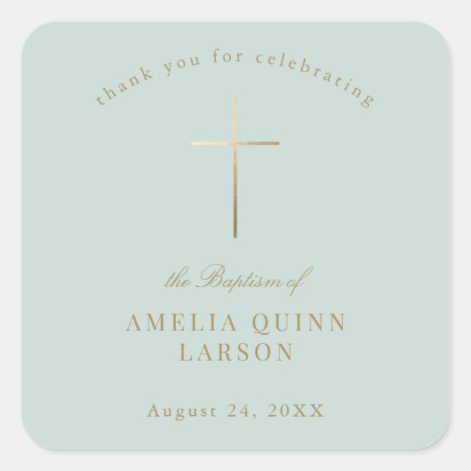 Sticker Carré Croix d'or simple élégant Baptême Christening (Devant)