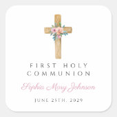 Sticker Carré Croix florale moderne Première communion fille (Devant)