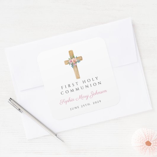 Sticker Carré Croix florale moderne Première communion fille (Enveloppe)