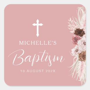 Sticker Carré croix florale rose poussiéreuse baptême
