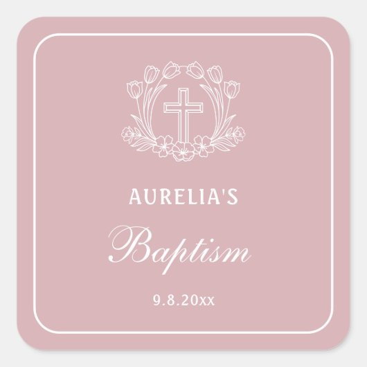 Sticker Carré Croix florale simple sur le baptême rose (Devant)