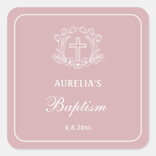 Sticker Carré Croix florale simple sur le baptême rose