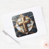 Sticker Carré Croix noire et Marbre blanc dévoilée avec or (Enveloppe)