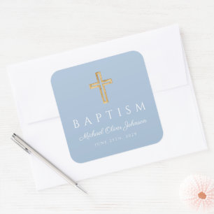 Sticker Carré Croix Religieuse Bleu Bébé Élégante Baptême Garçon