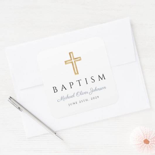 Sticker Carré Croix religieuse bleu Dusty Script garçon Baptême (Enveloppe)