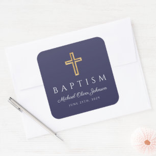 Sticker Carré Croix Religieuse Bleu Marine Garçon Baptême